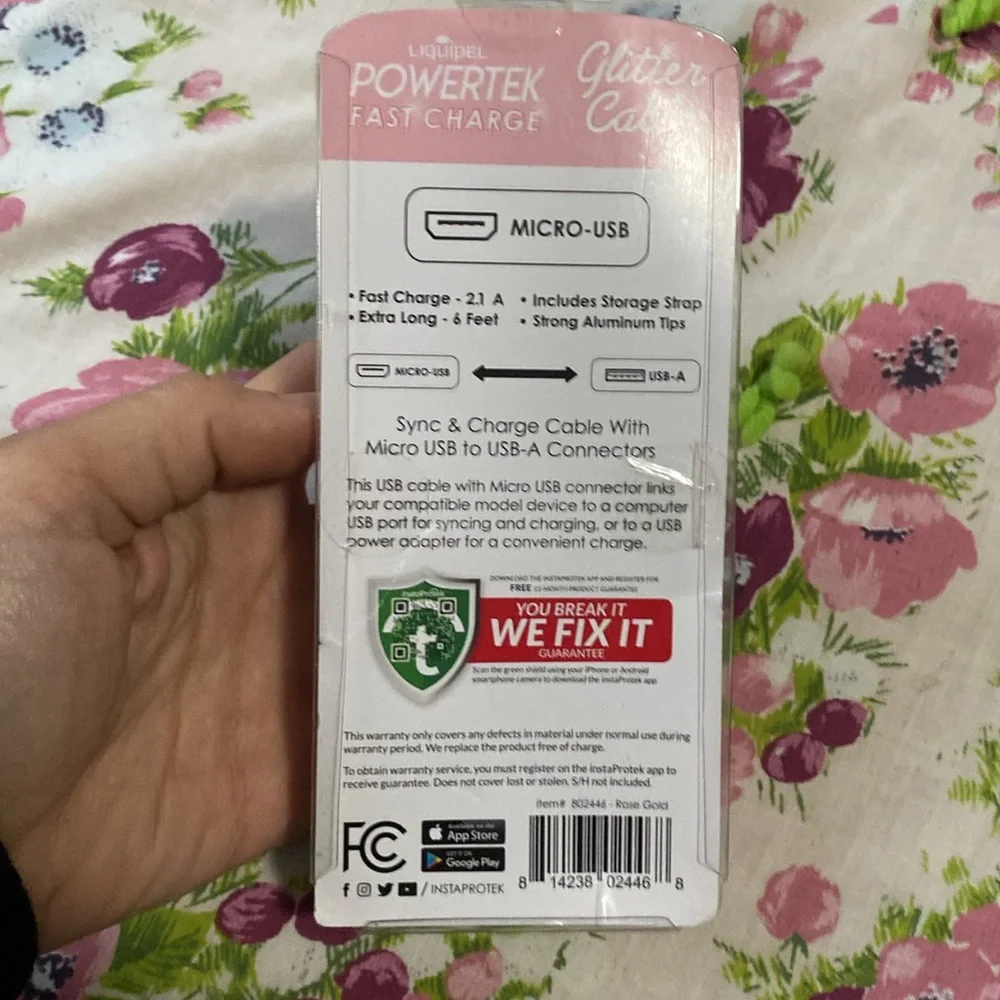 6’ Fast Charging Liquidel Powertek Rose Gold Glitter Micro USB to USB-A Charger